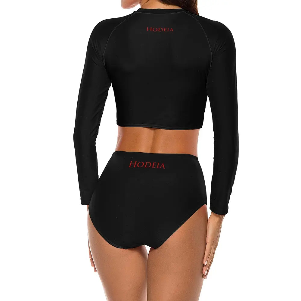 bikini de surf uhaina crop top manches longues dos motif noir
