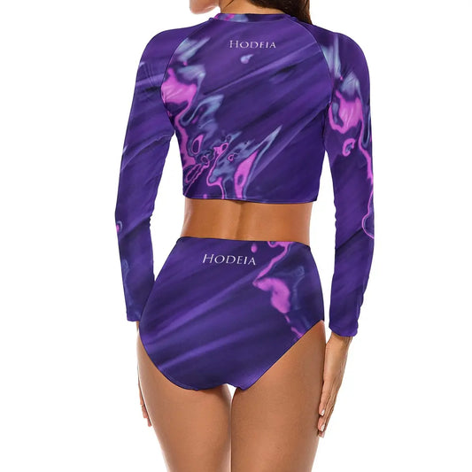 bikini de surf uhaina crop top manches longues dos motif violet