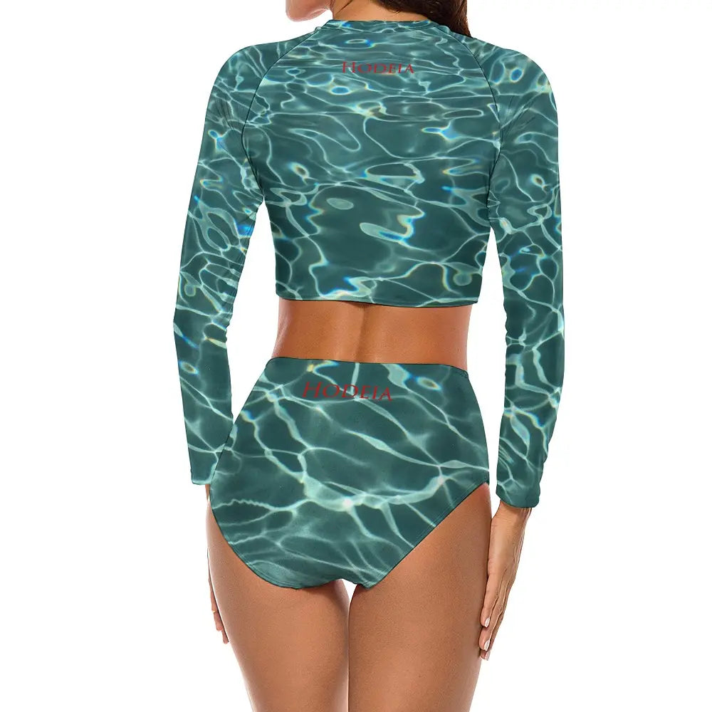 bikini de surf uhaina crop top manches longues dos motif eau vert