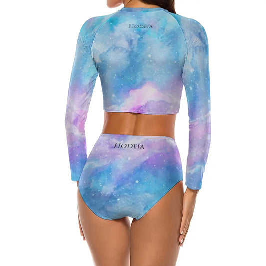 bikini de surf uhaina crop top manches longues dos motif ciel étoilé bleu et rose