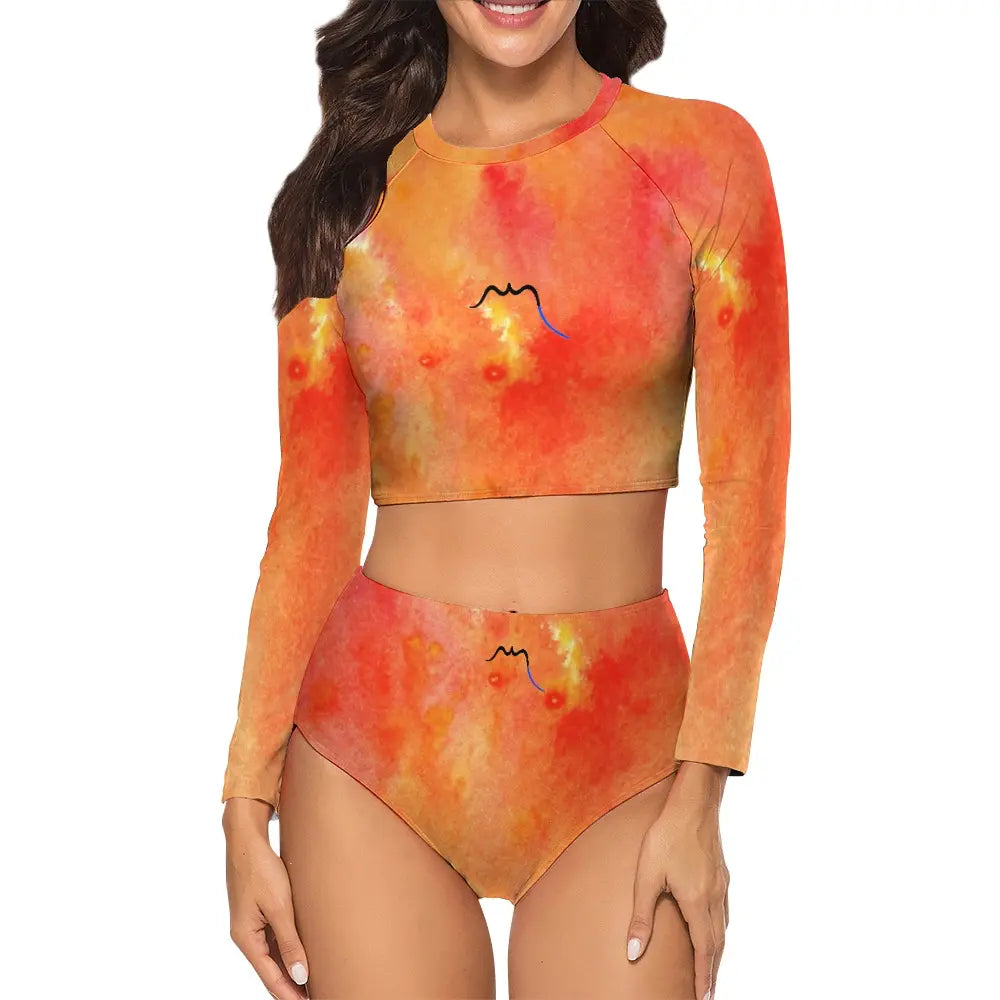 bikini de surf uhaina crop top manches longues face motif orange