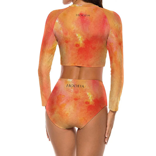 bikini de surf uhaina crop top manches longues dos motif orange