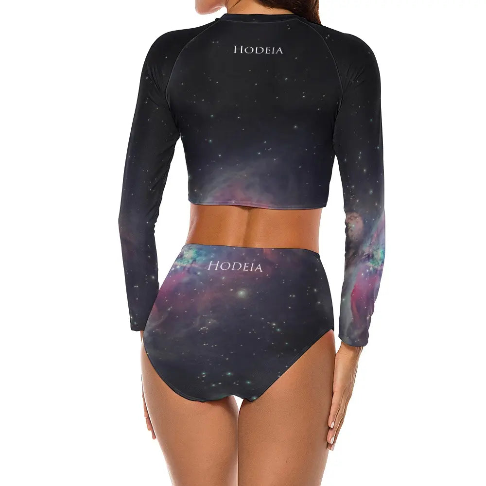 bikini de surf uhaina crop top manches longues dos motif nébuleuse noir
