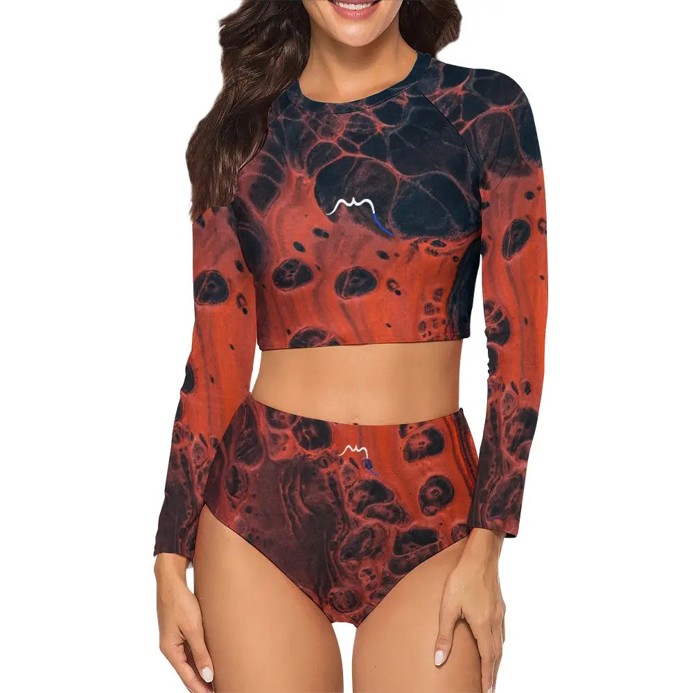 bikini de surf uhaina crop top manches longues face motif cratères rouge