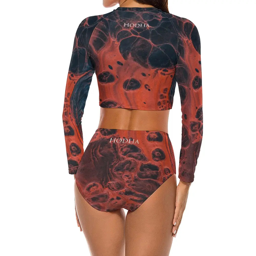 bikini de surf uhaina crop top manches longues dos motif cratères rouge