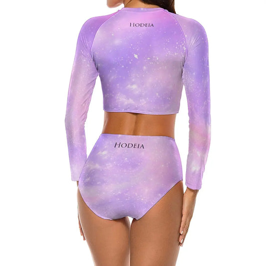 bikini de surf uhaina crop top manches longues dos motif ciel étoilé rose 