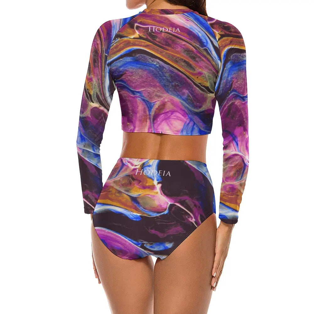 bikini de surf uhaina crop top manches longues dos motif bariolé