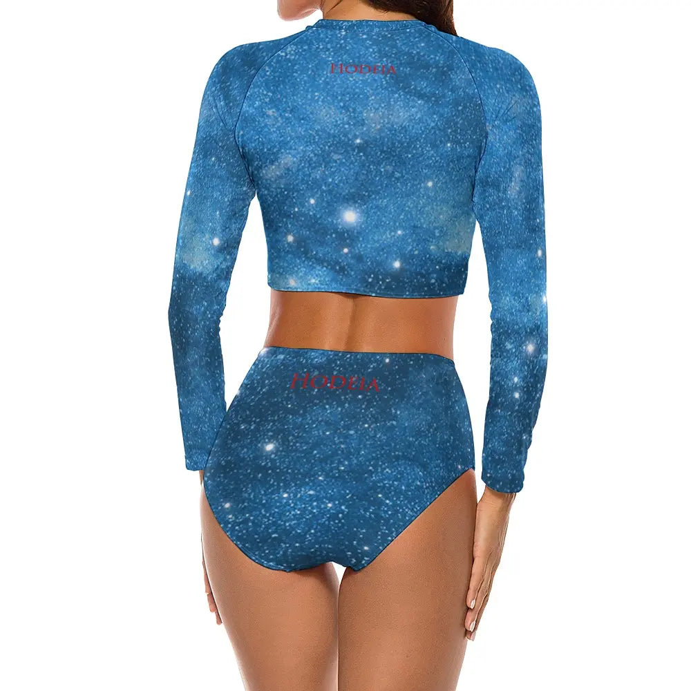bikini de surf uhaina crop top manches longues dos motif ciel étoilé bleu