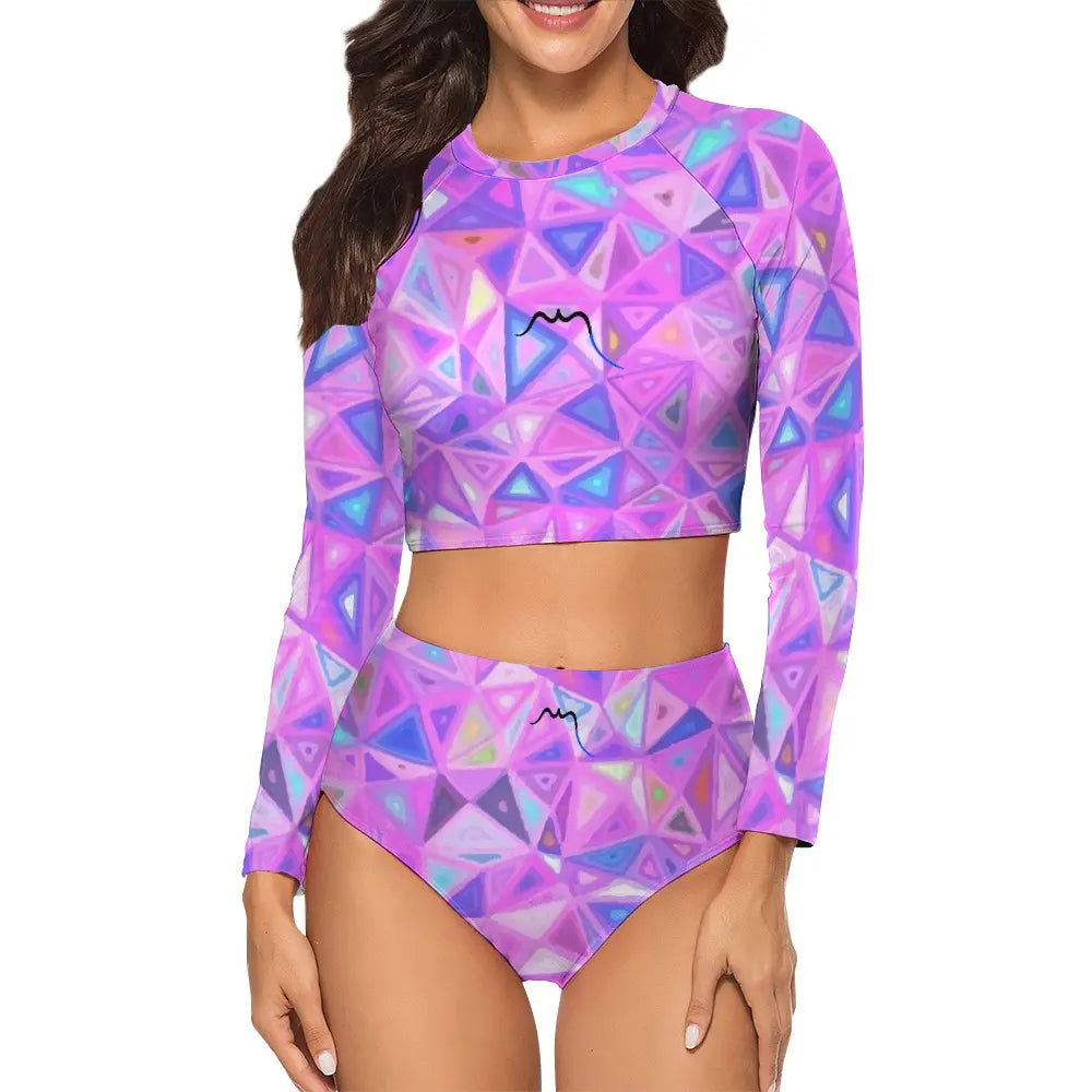 bikini de surf uhaina crop top manches longues face motif géométrique rose