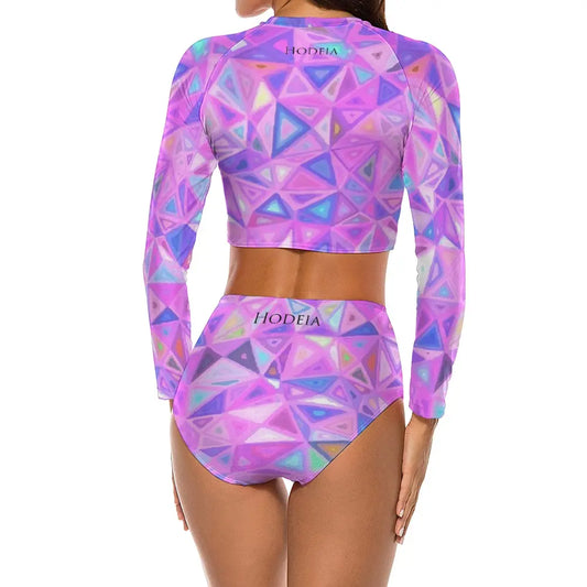 bikini de surf uhaina crop top manches longues dos motif géométrique rose