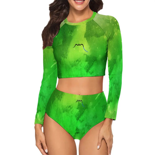 bikini de surf uhaina crop top manches longues face motif vert