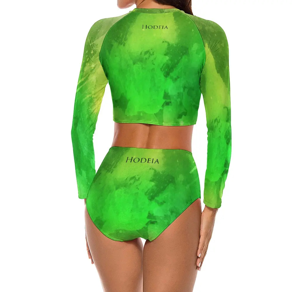 bikini de surf uhaina crop top manches longues dos motif vert