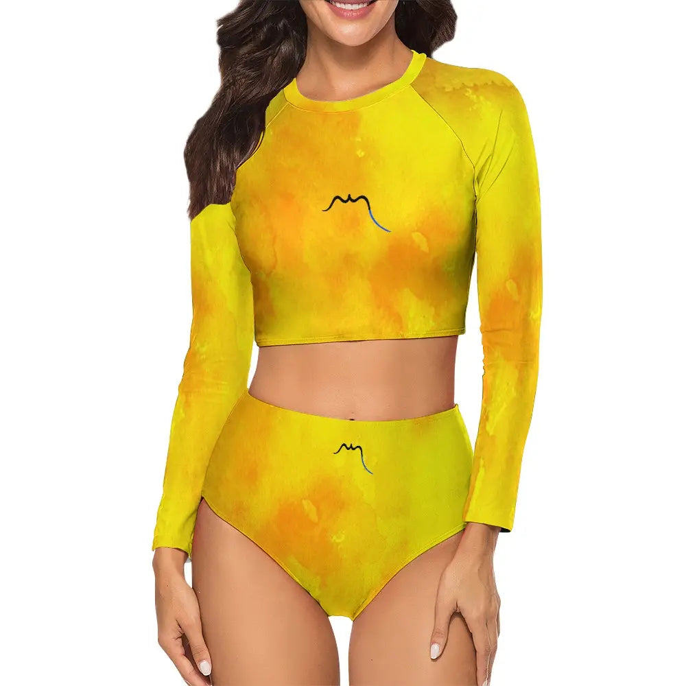 bikini de surf uhaina crop top manches longues face motif jaune