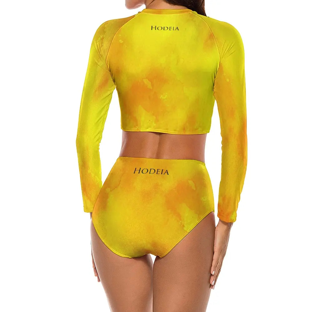 bikini de surf uhaina crop top manches longues dos motif jaune