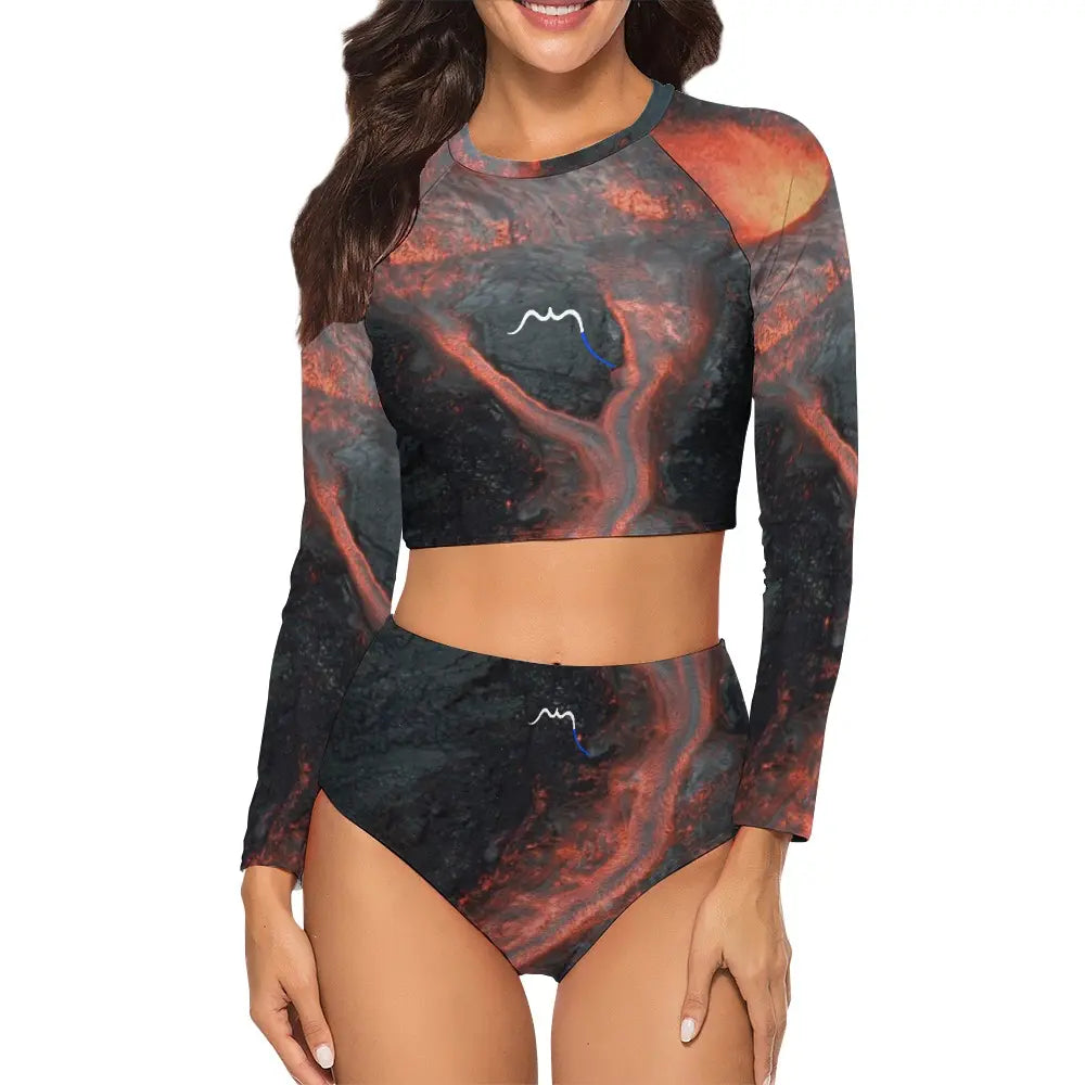 bikini de surf uhaina crop top manches longues face motif lave