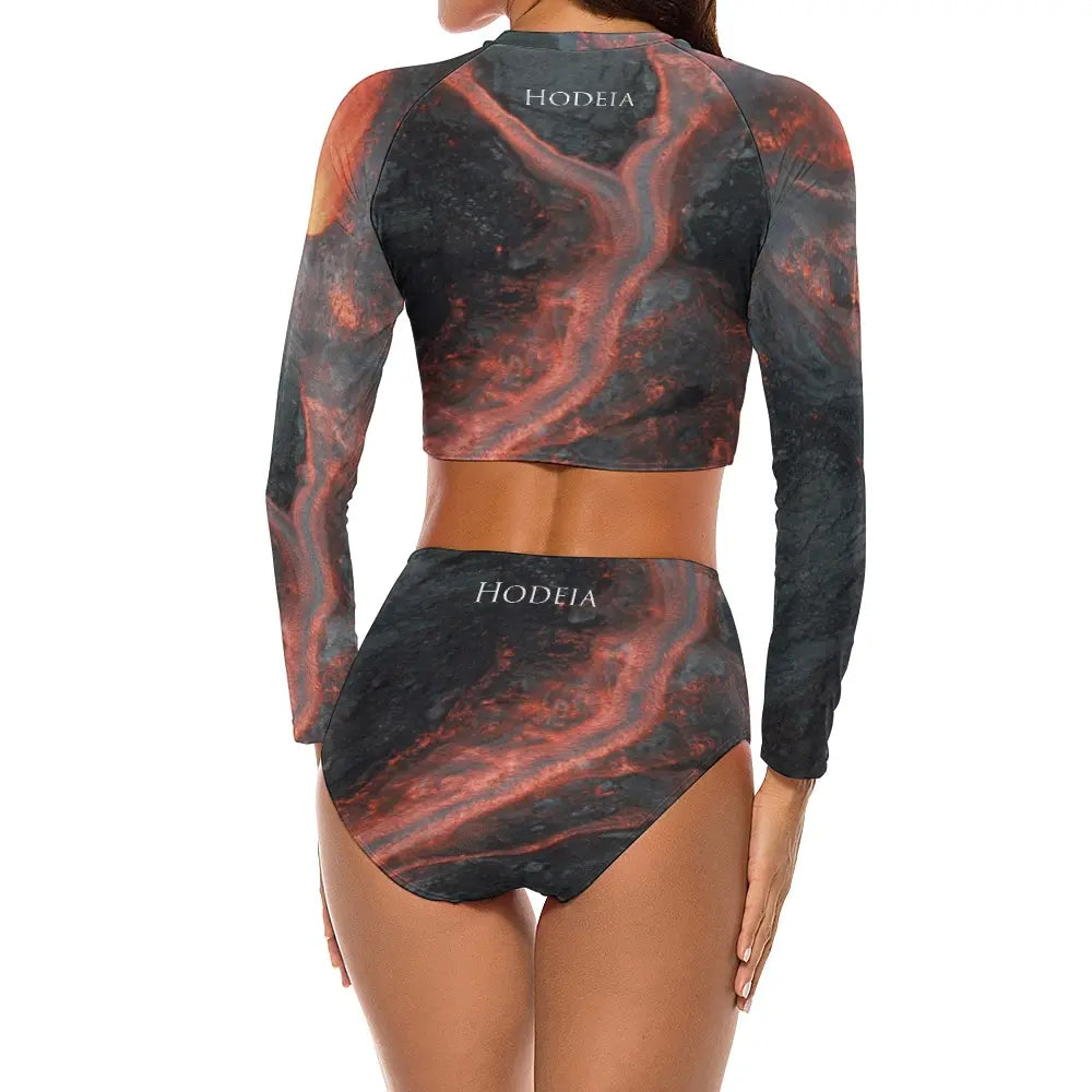 bikini de surf uhaina crop top manches longues dos motif lave