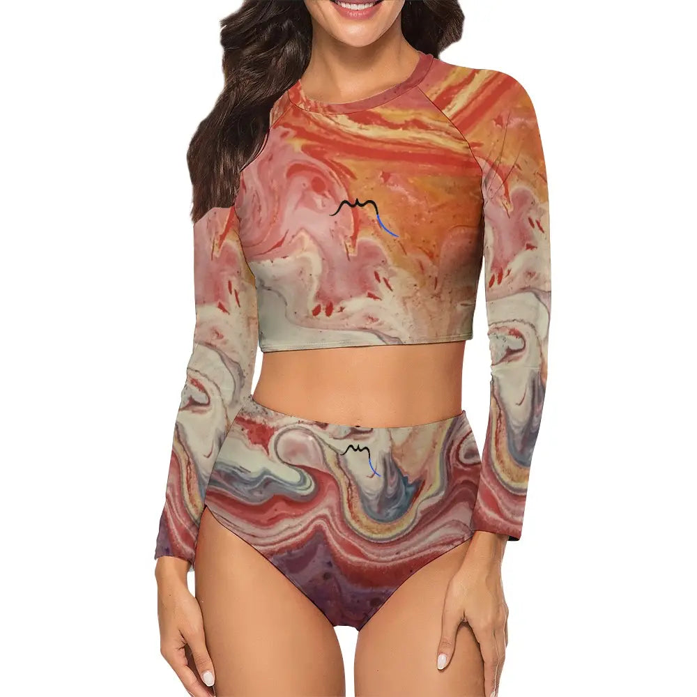 bikini de surf uhaina crop top manches longues face motif nébuleuse beige orange mauve