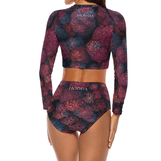 bikini de surf uhaina crop top manches longues dos motif floral