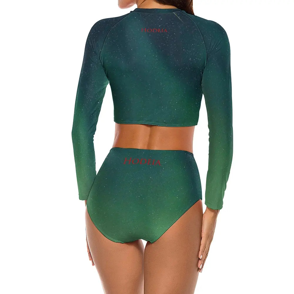 bikini de surf uhaina crop top manches longues dos motif vert