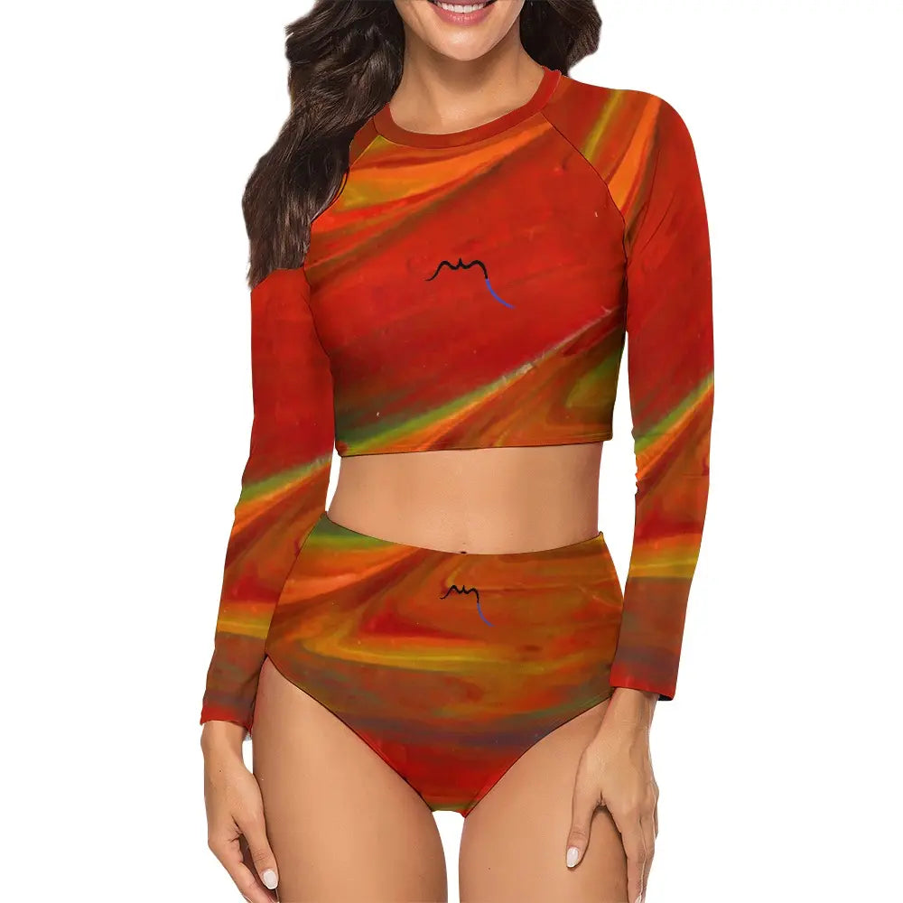 bikini de surf uhaina crop top manches longues face motif rouge
