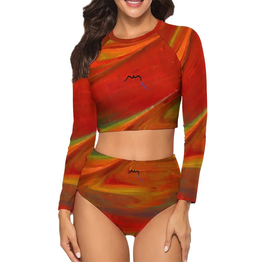 bikini de surf uhaina crop top manches longues face motif rouge