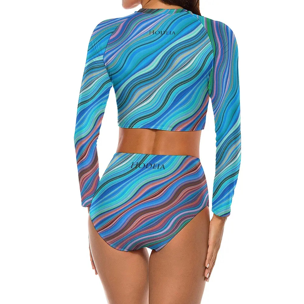 bikini de surf uhaina crop top manches longues dos motif ondulations