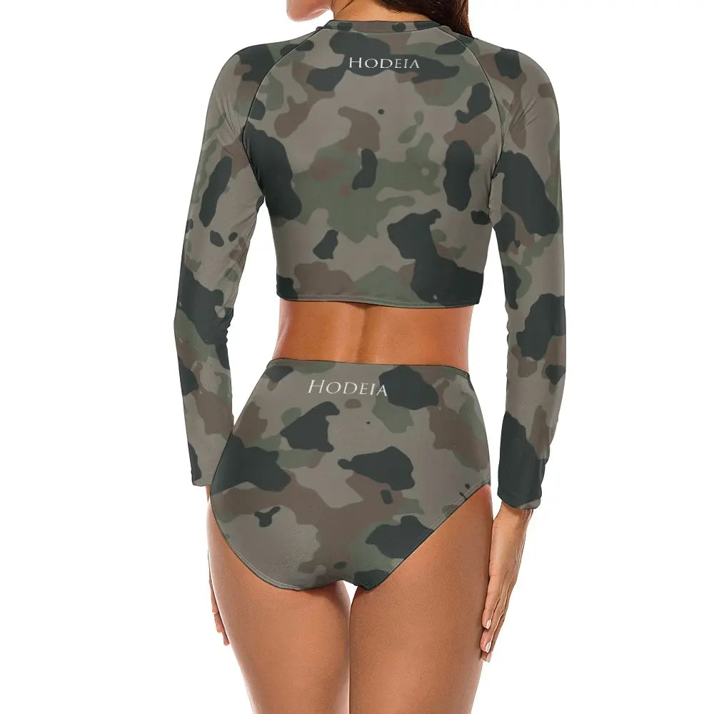 bikini de surf uhaina crop top manches longues dos motif camo kaki