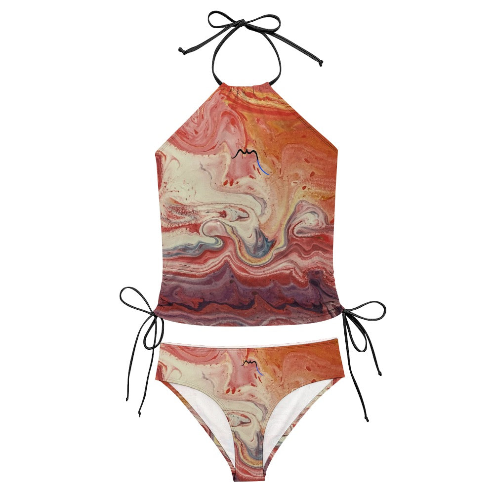 bikini dos nu azul détail coloris orange et beige