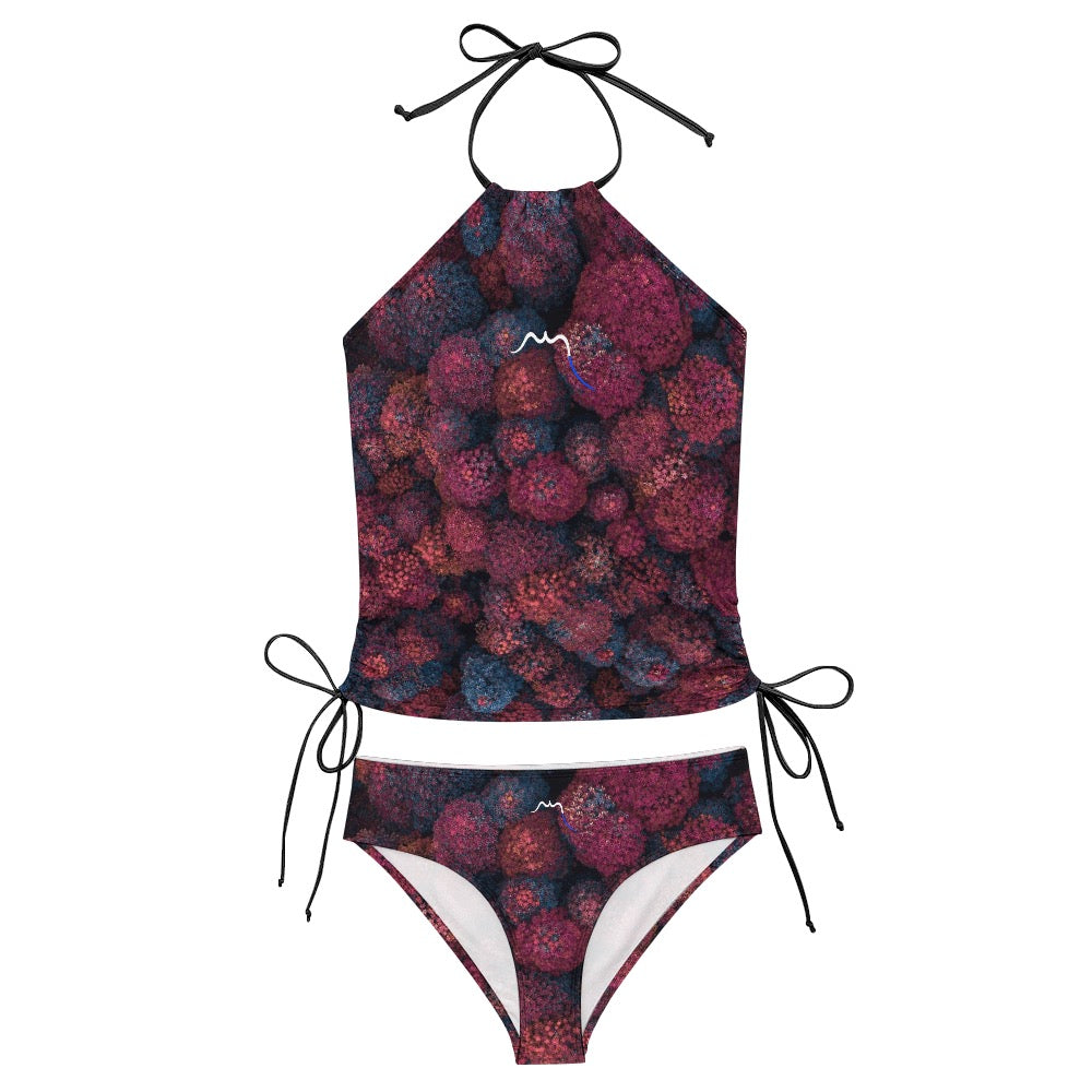 bikini dos nu azul détail coloris floral violet
