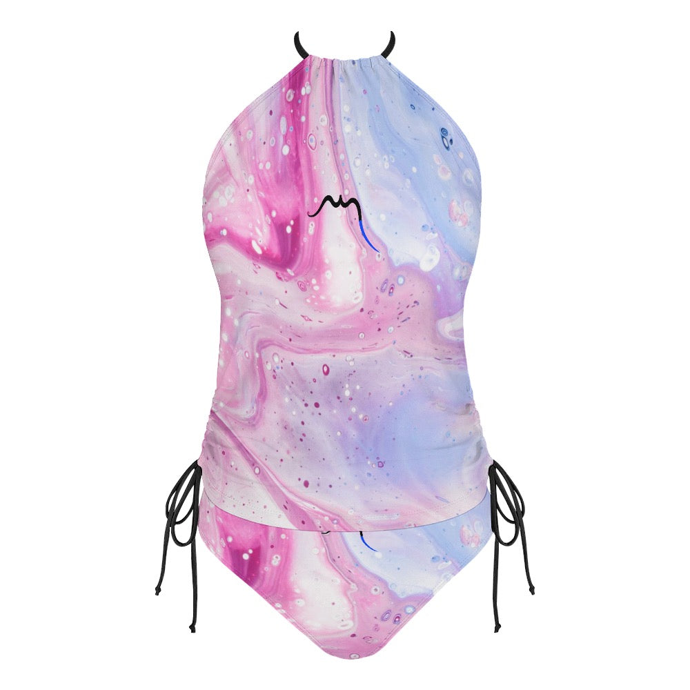 bikini dos nu azul face coloris motif rose et gris clair