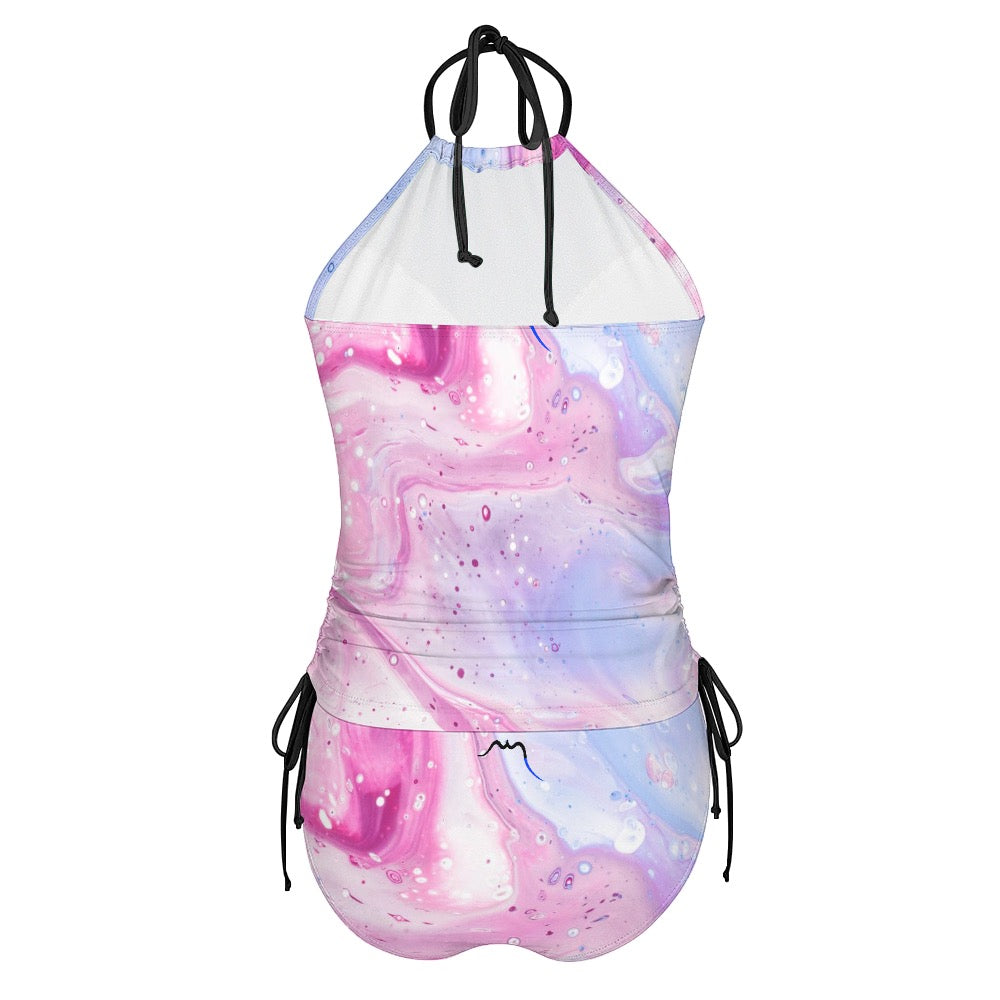 bikini dos nu azul dos coloris motif rose et gris clair