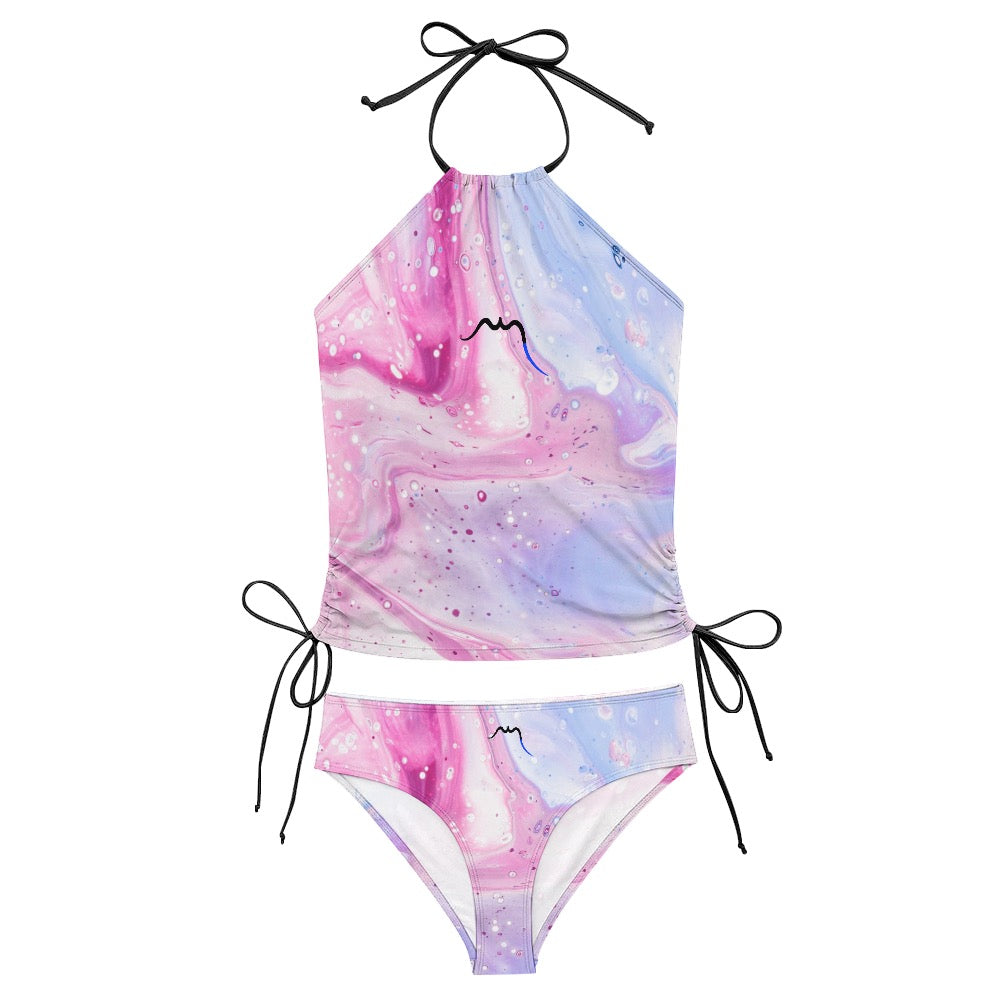 bikini dos nu azul détail coloris motif rose et gris clair