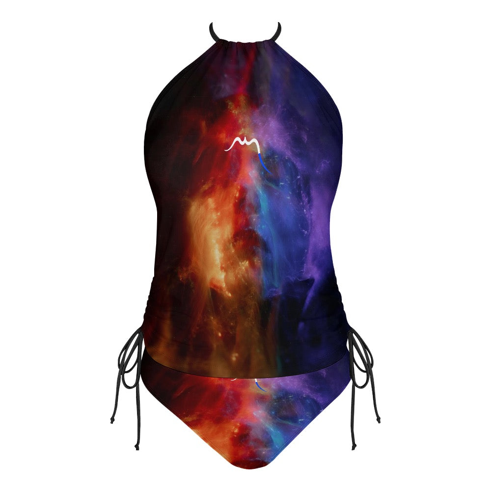 bikini dos nu azul face coloris motif rouge et violet
