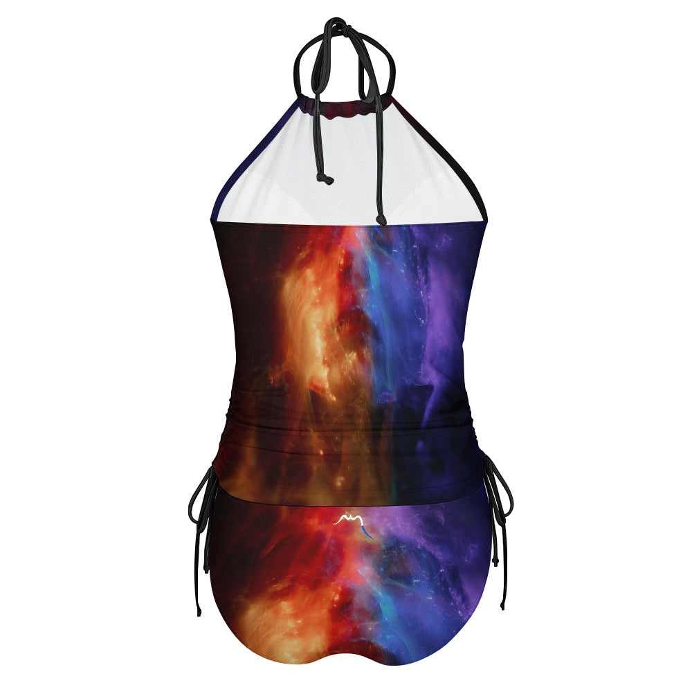 bikini dos nu azul dos coloris motif rouge et violet