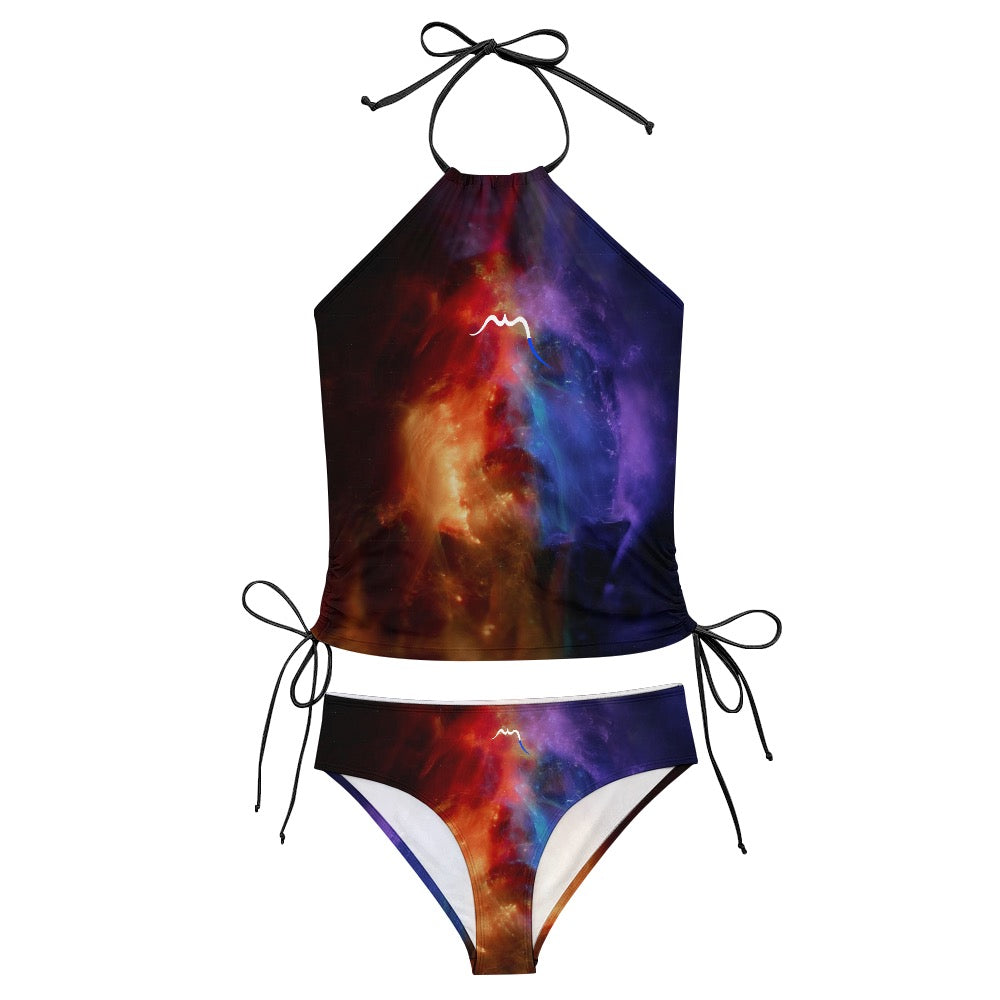 bikini dos nu azul détail coloris motif rouge et violet