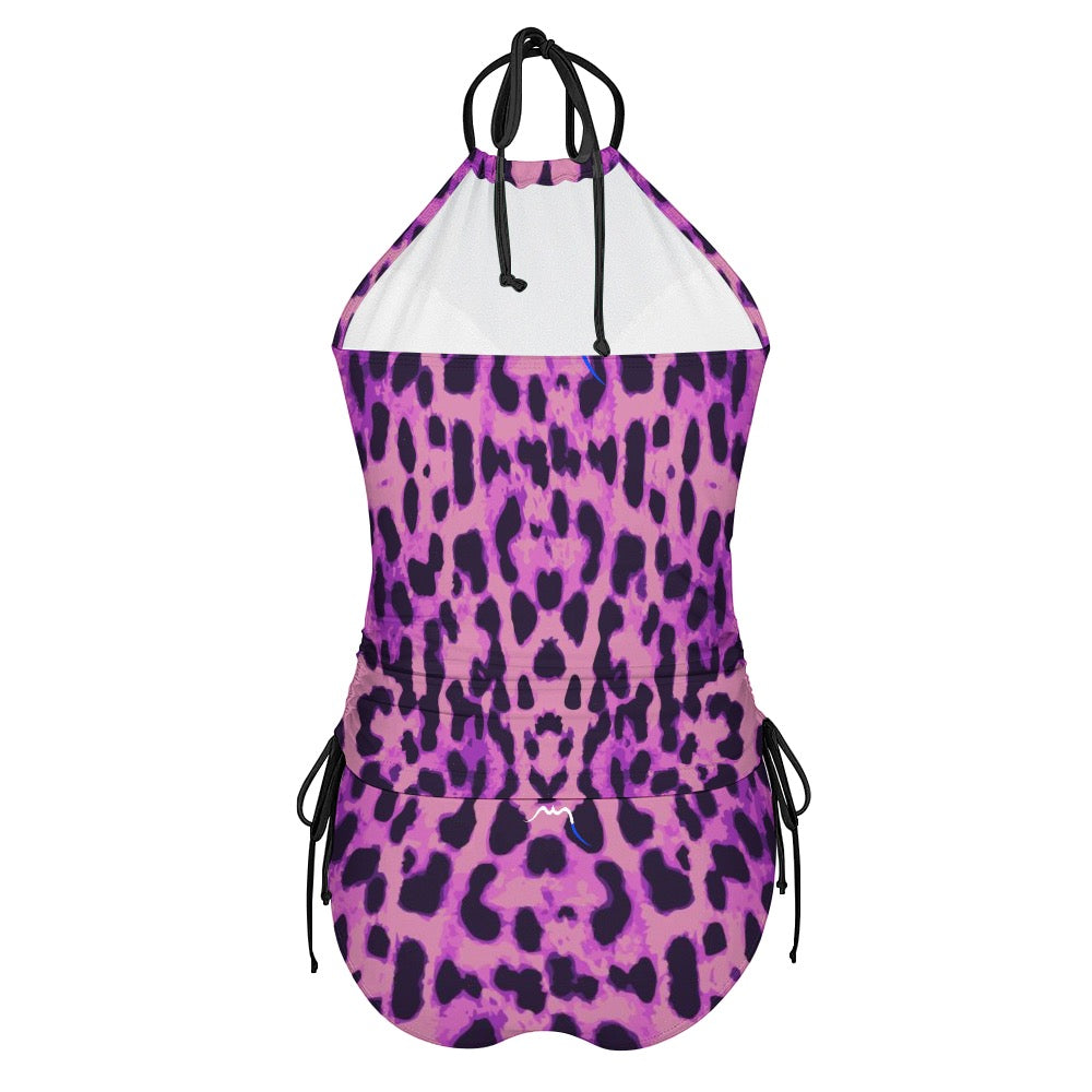 bikini dos nu azul dos coloris motif rose et noir