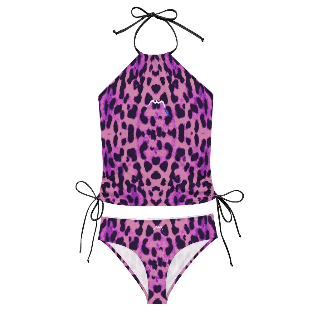 bikini dos nu azul détail coloris motif rose et noir