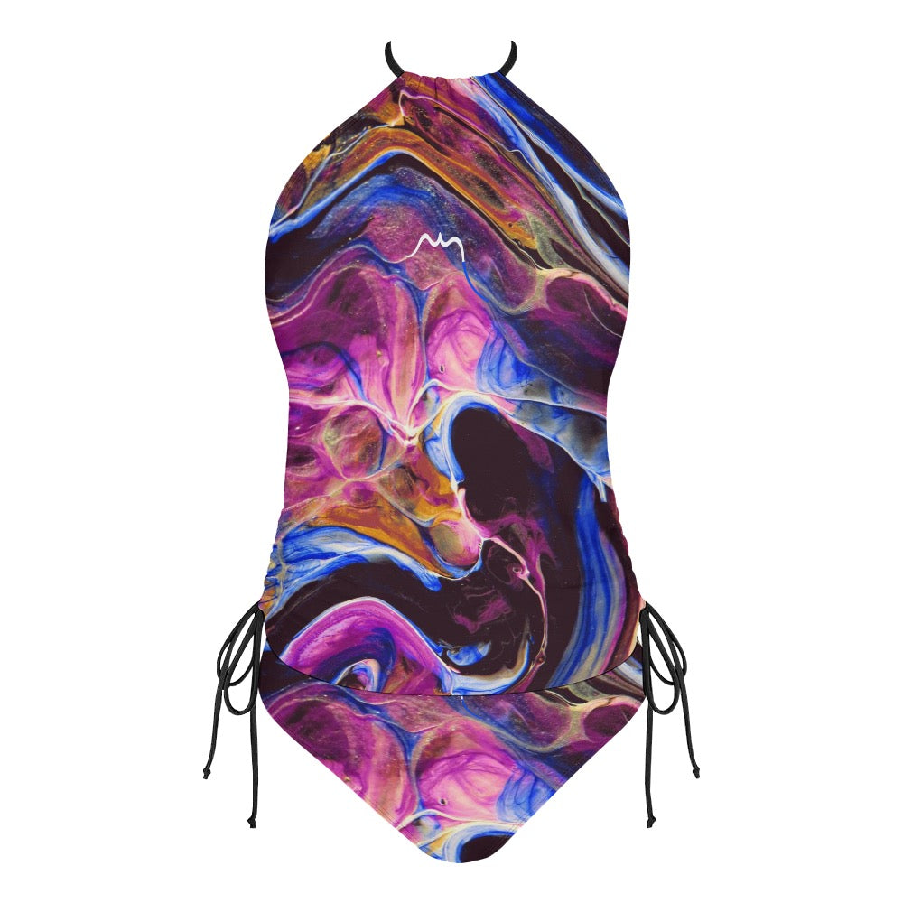 bikini dos nu azul face coloris bariolé bleu rose et noir