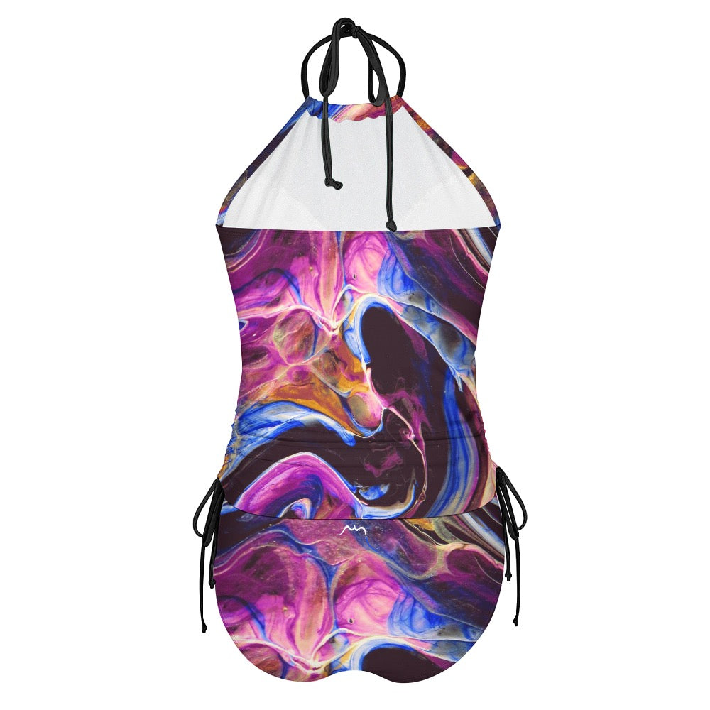 bikini dos nu azul dos coloris bariolé bleu rose et noir