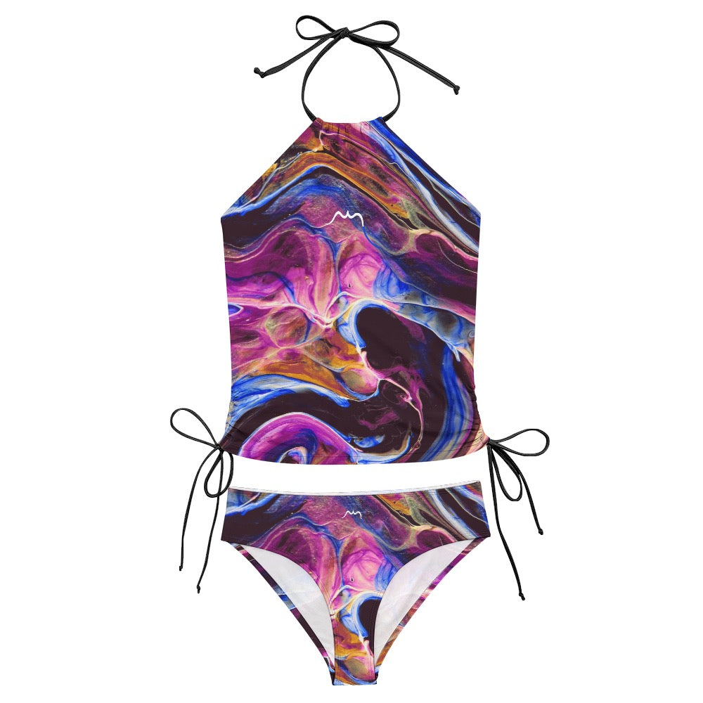 bikini dos nu azul détail coloris bariolé bleu rose et noir