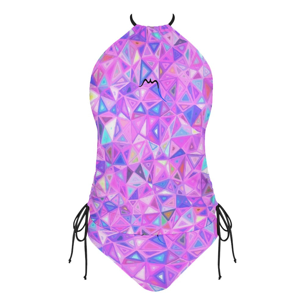 bikini dos nu azul face coloris motif géométrique rose