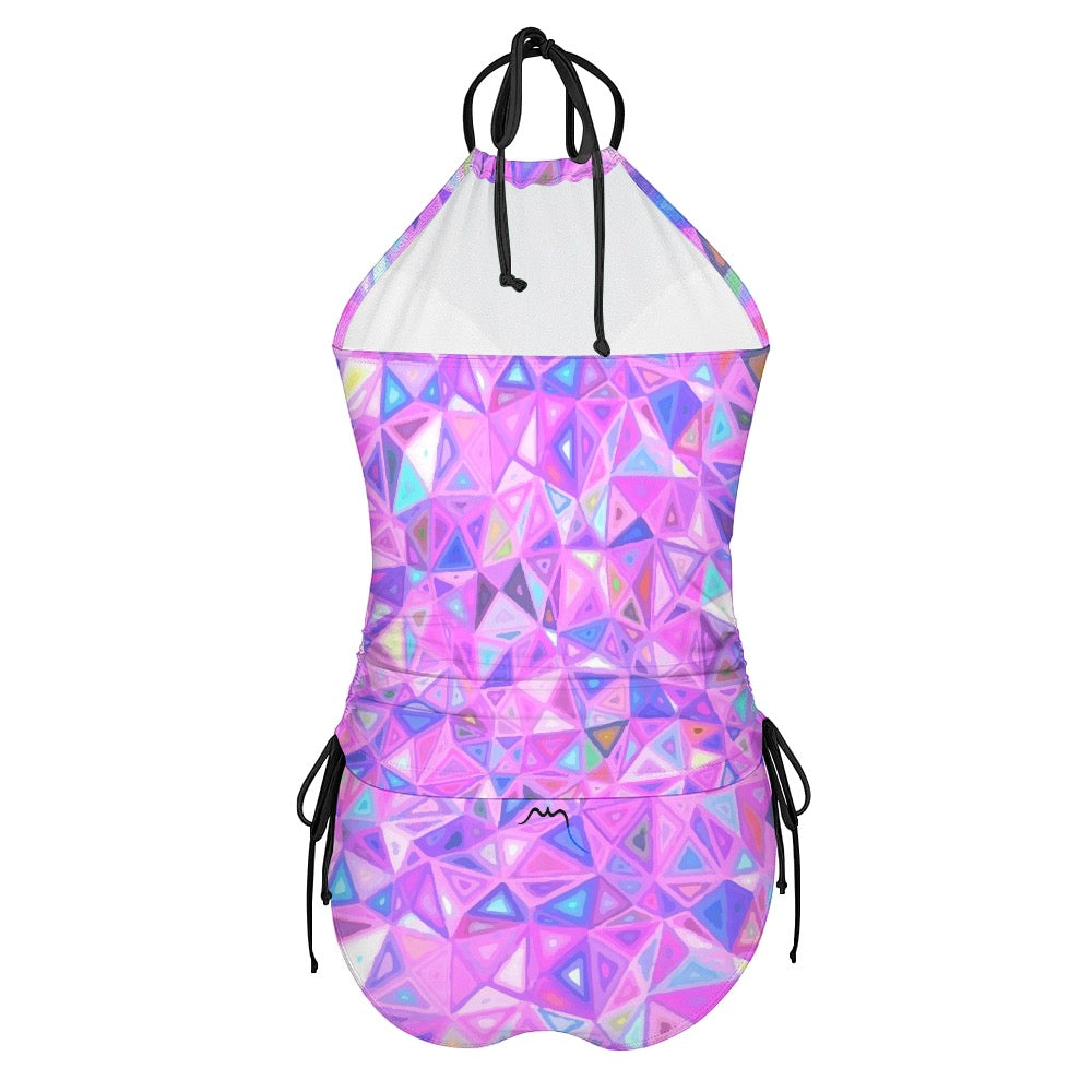 bikini dos nu azul dos coloris motif géométrique rose