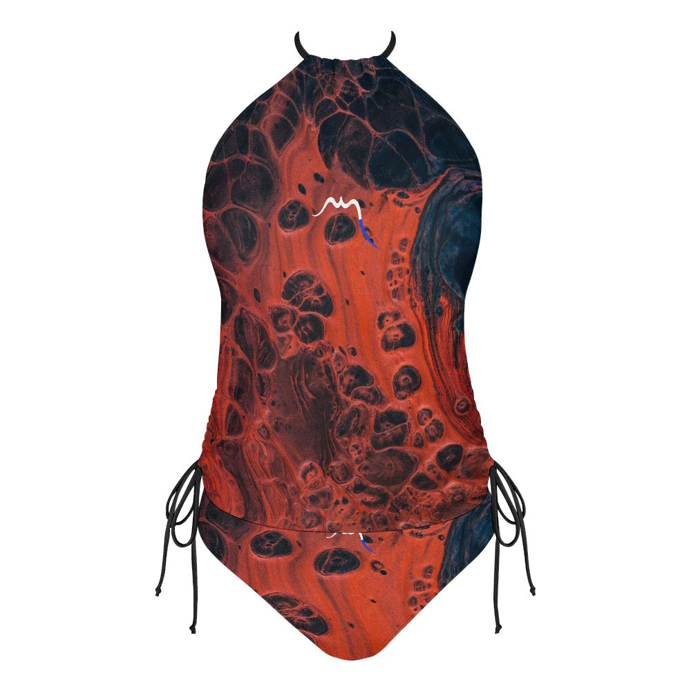 bikini dos nu azul face coloris motif rouge et noir