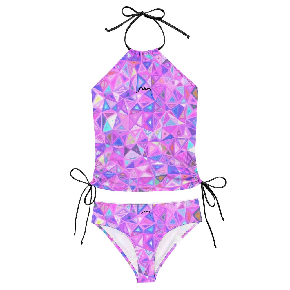 bikini dos nu azul détail coloris motif géométrique rose