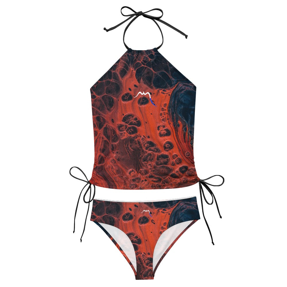 bikini dos nu azul détail coloris motif rouge et noir