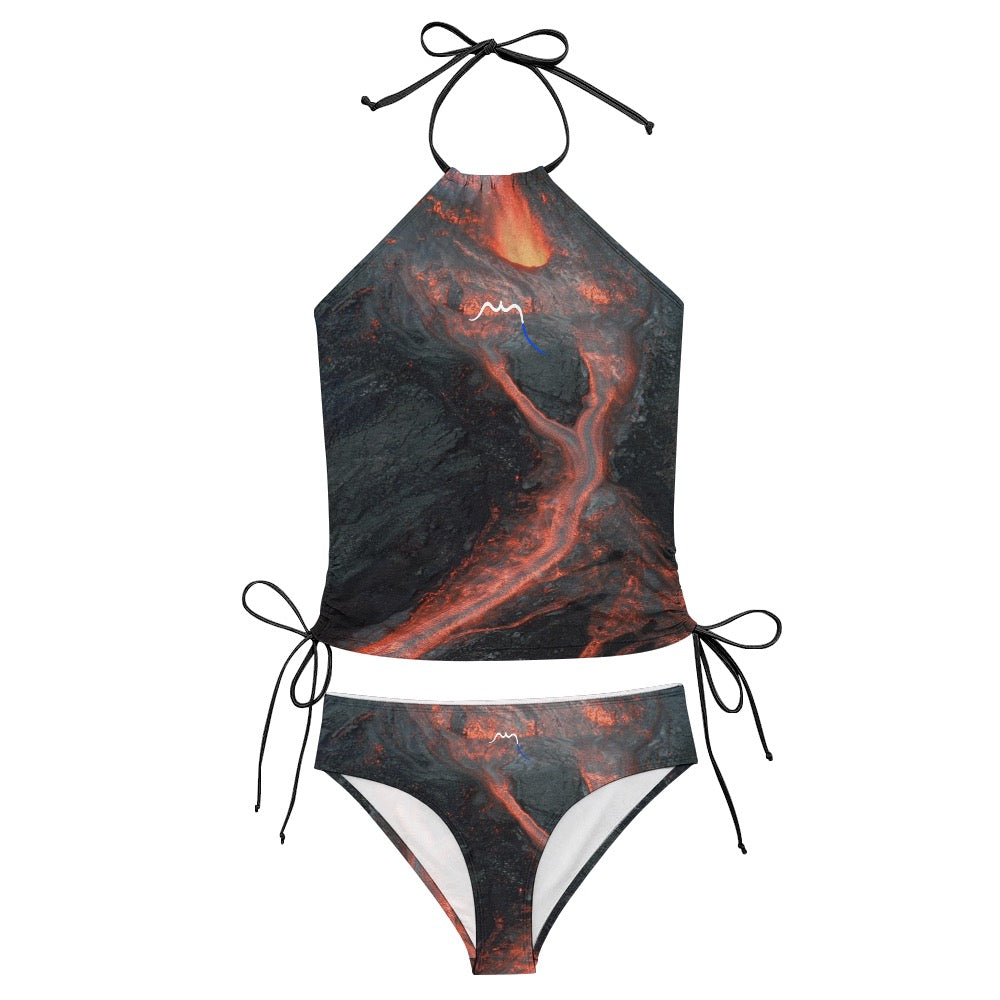 bikini dos nu azul détail coloris anthracite et orange