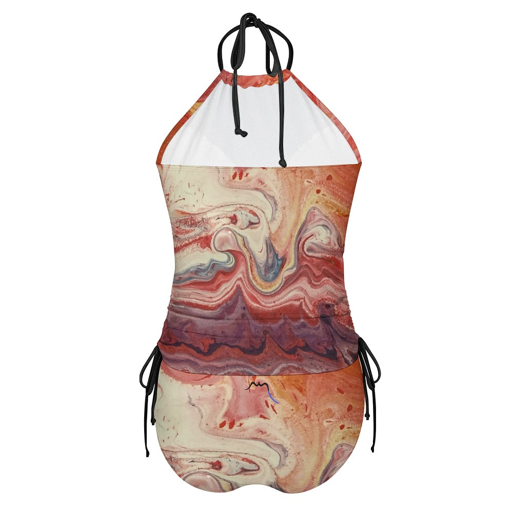 bikini dos nu azul porté de dos coloris orange et beige