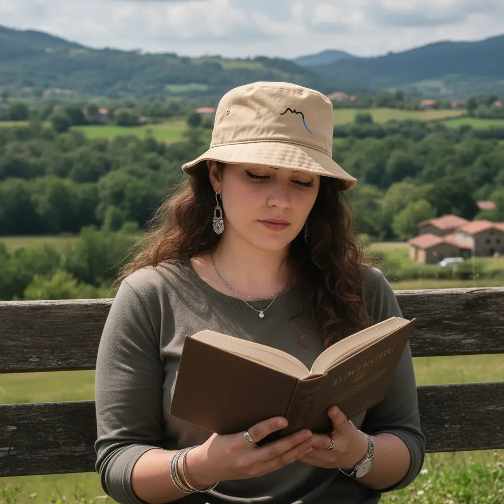 femme portant le bob en coton bio bakea coloris beige à la campagne