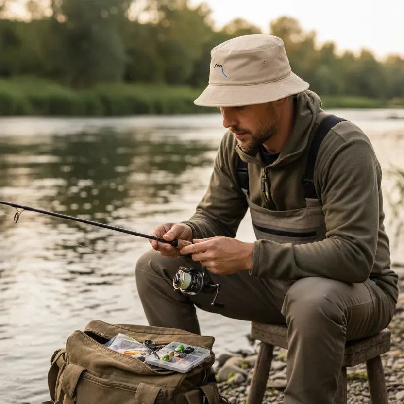 homme portant le bob en coton bio bakea coloris beige à la pêche au bord d'une rivière