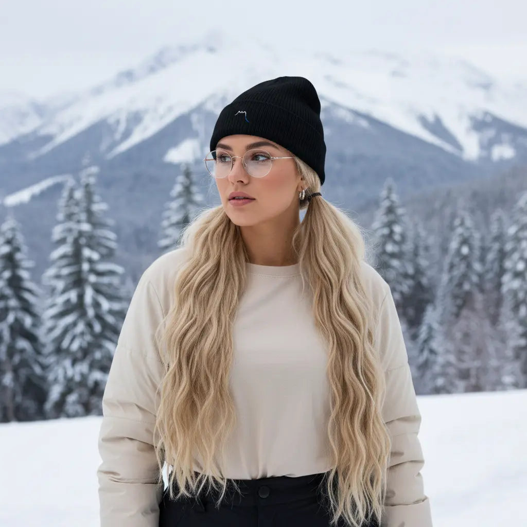 femme portant le bonnet côtelé et brodé en coton bio travis coloris bleu marine en hiver